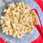 Easy pasta salad in a transparent bowl