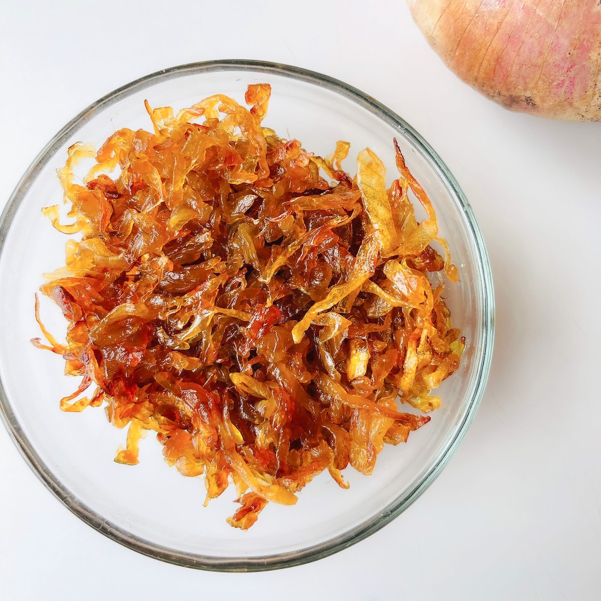 Caramelised onions in a round glass bowl