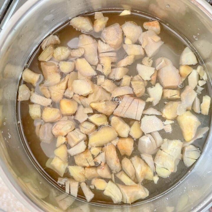 Chopped ginger in water and sugar mixture