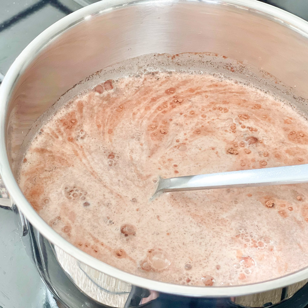 Milk, cocoa powder and sugar in a pot with a silver spoon