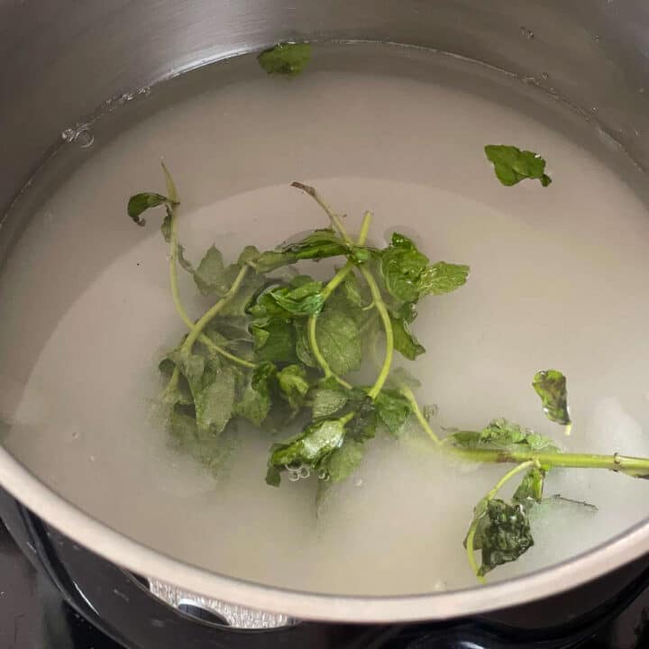 Sugar, water and mint in a pot